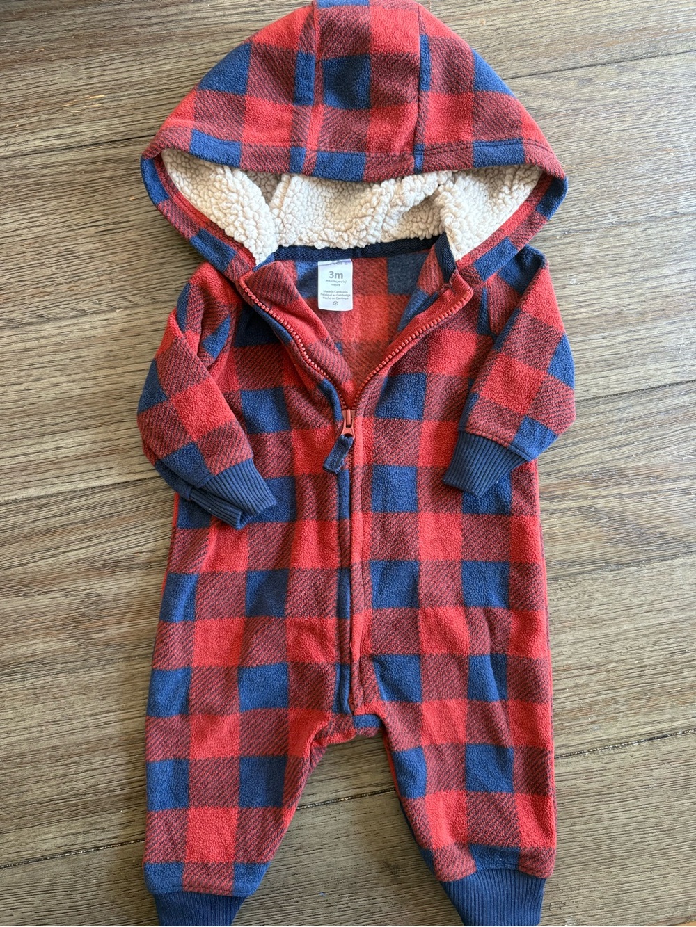 Carter's Red and Navy Buffalo Plaid Hooded Fleece One-Piece Romper Bodysuit - 3m